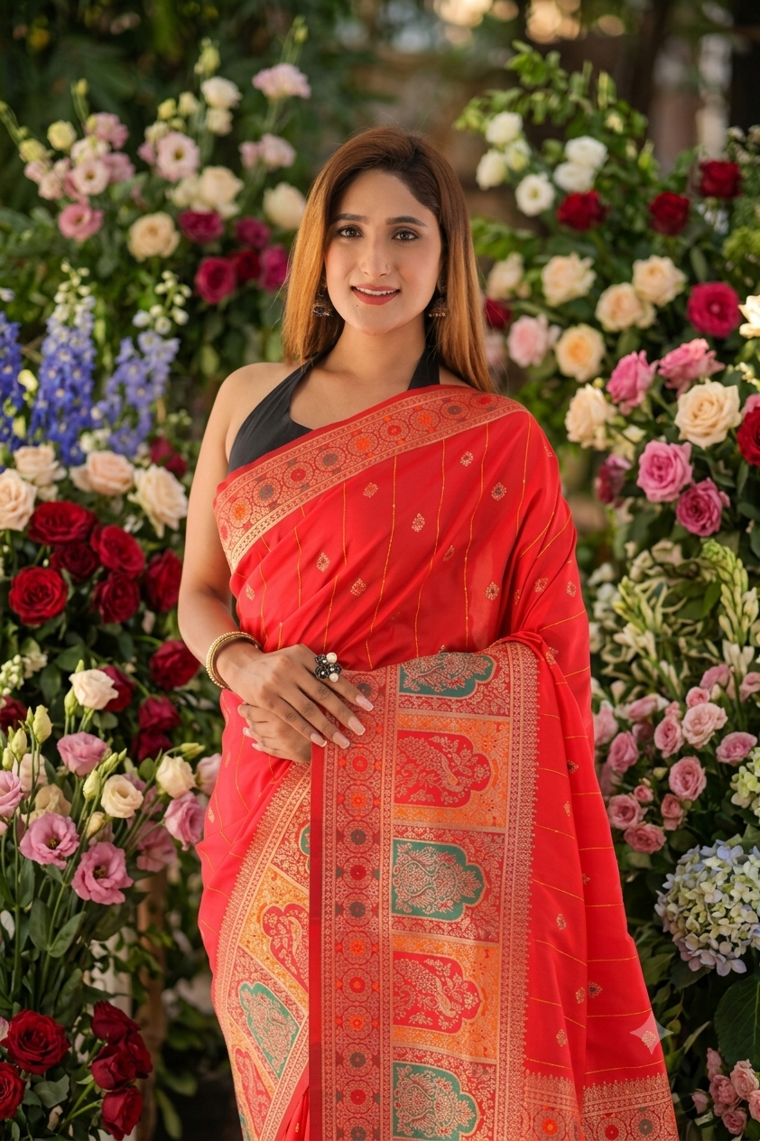 Red Weaving Festive Saree – view 2