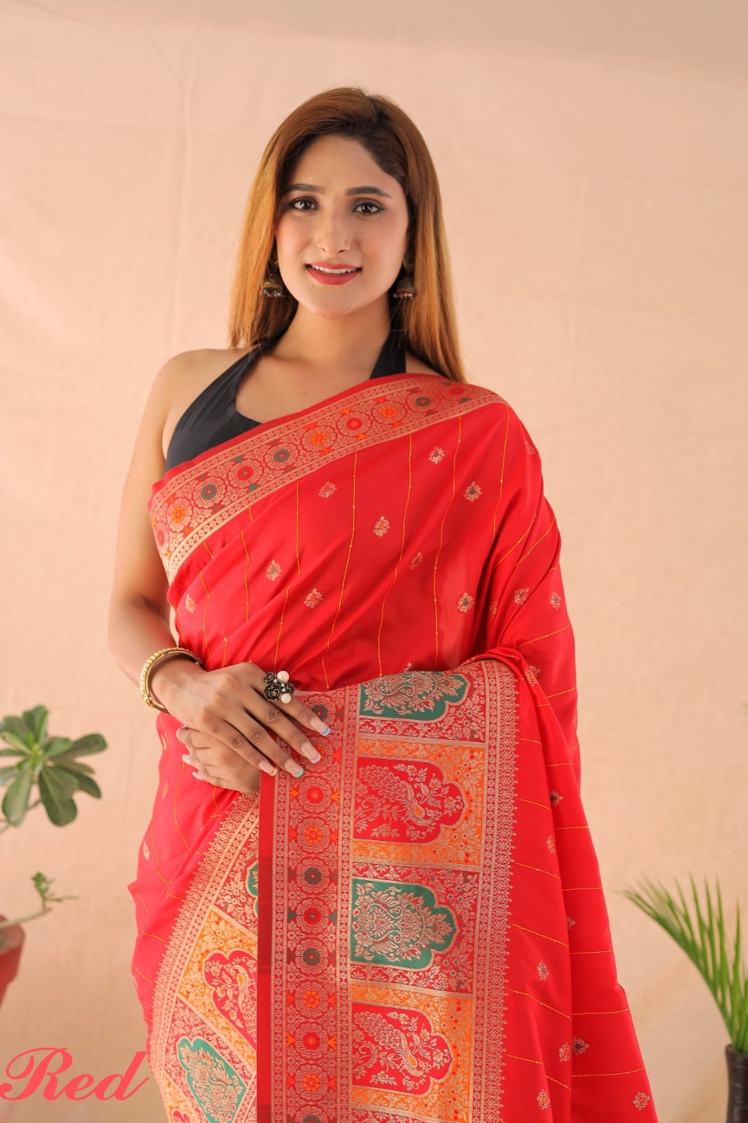Red Weaving Festive Saree – view 3