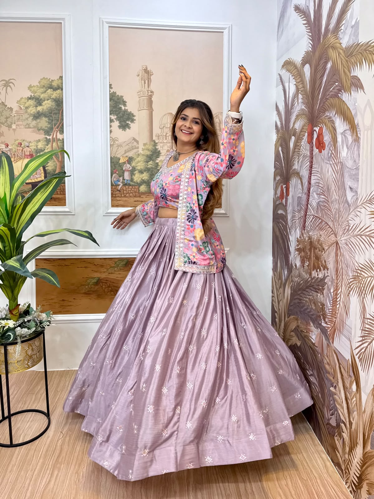 Women's Lavender Lehenga Set with Floral Jacket