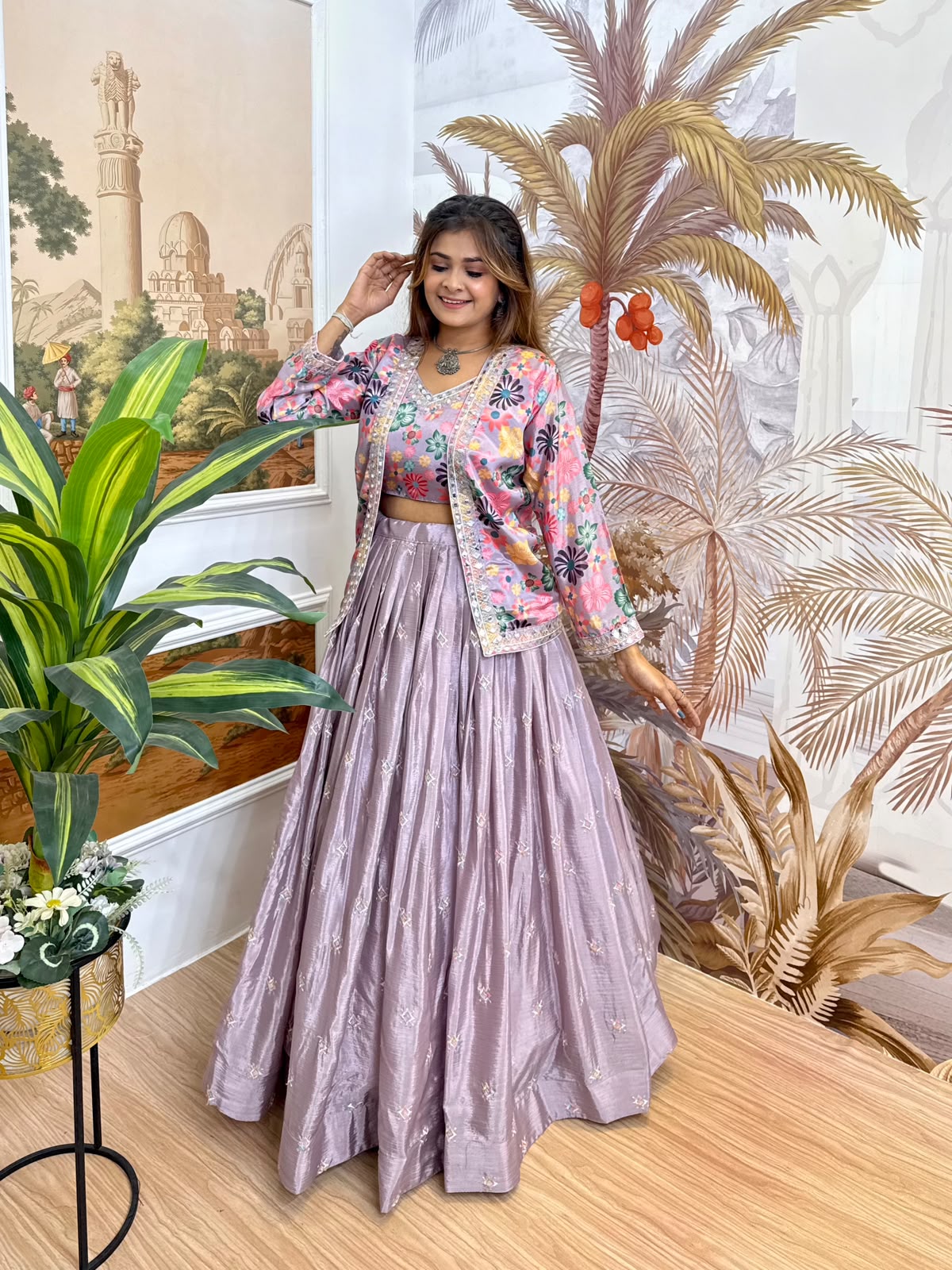 Women's Lavender Lehenga Set with Floral Jacket – view 2
